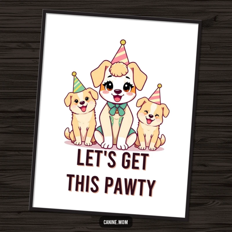 Funny kawaii dog lady character surrounded by dogs wearing party hats, depicted in a vibrant and humorous poster for decoration.