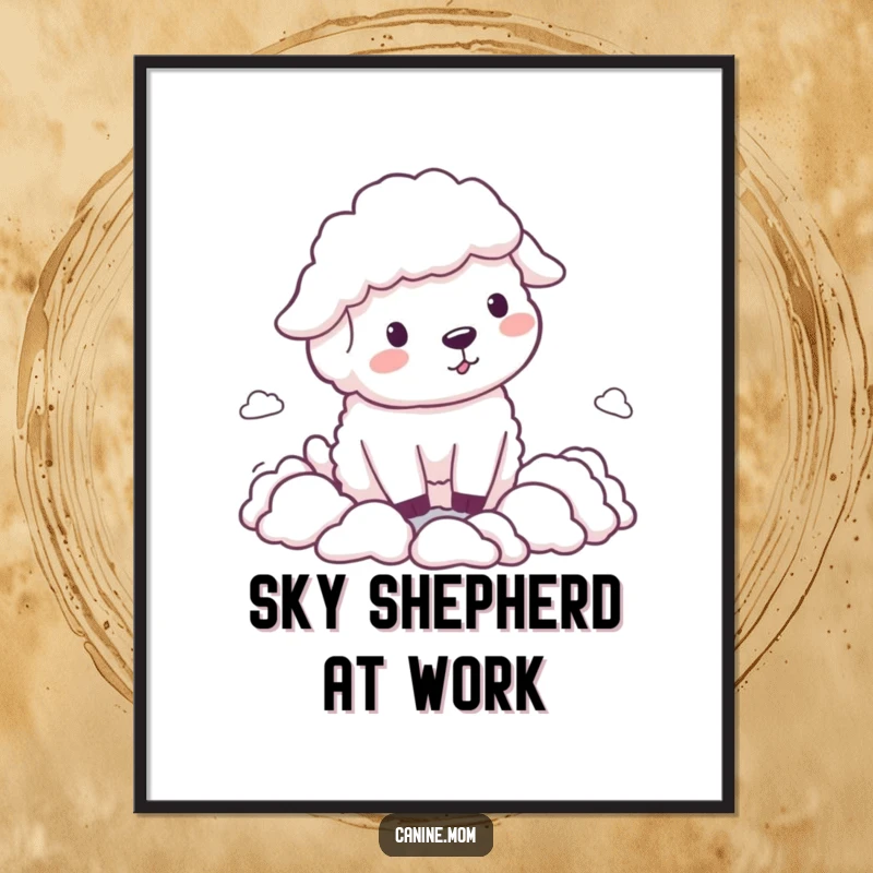 Funny Sheepdog Poster, enthusiastically herding small, ethereal cloud shapes, bringing a sense of whimsical joy to wall decor.