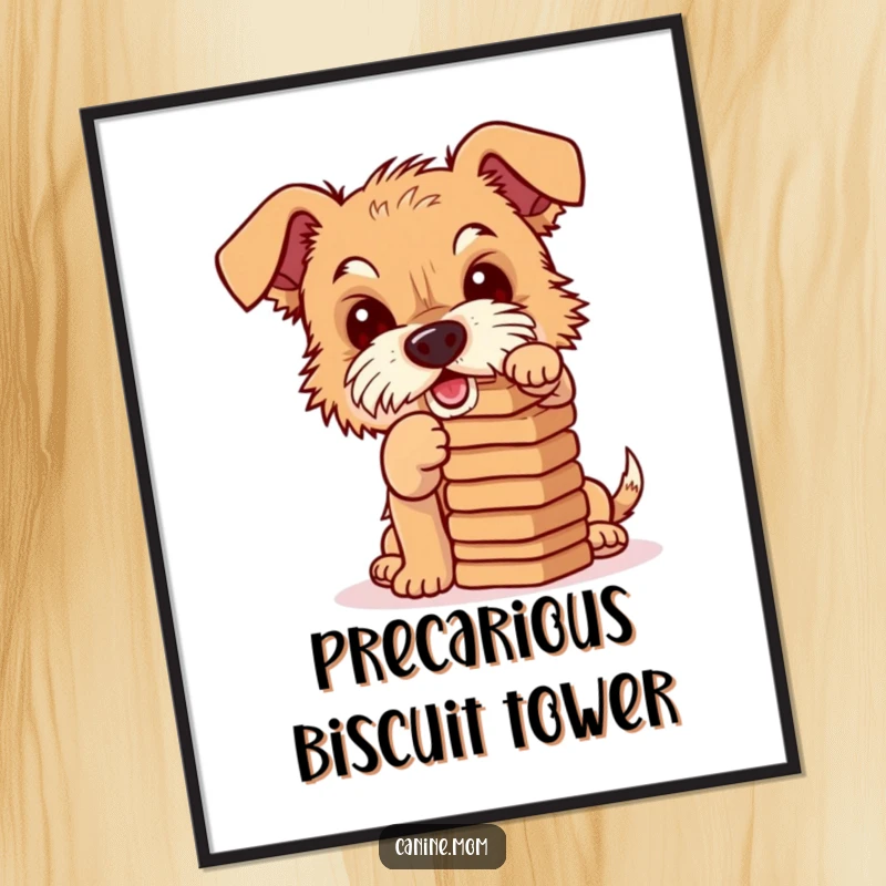 Funny poster print of a mischievous terrier attempting to balance a tall stack of dog biscuits, capturing a moment of canine concentration.