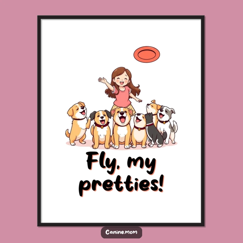 Funny Wall Art Poster: Woman Tossing Frisbee for Dogs - Playful Decor Gift