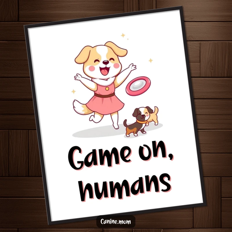 Funny Dog Lady Poster: A kawaii character mid-throw with a frisbee, dogs eagerly await. Captures the essence of playful fun. Funny gift.