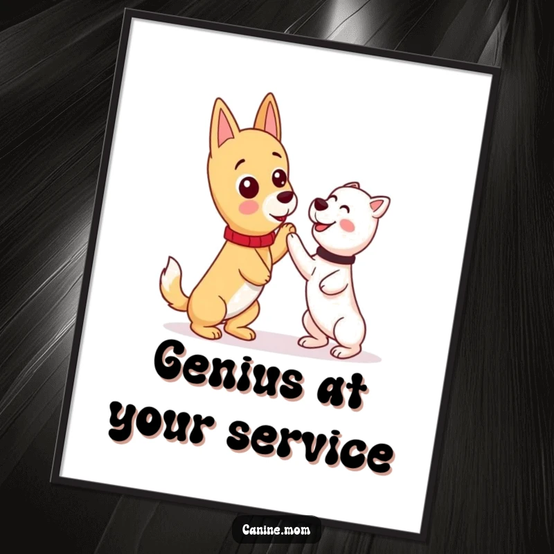 Funny kawaii dog lady character demonstrating a command to her dog, depicted in a humorous and educational poster.