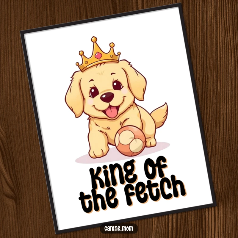 Funny Golden Retriever crown poster. A majestic dog wearing a crown, captured in the act of eagerly fetching a ball, radiating playful royal energy.