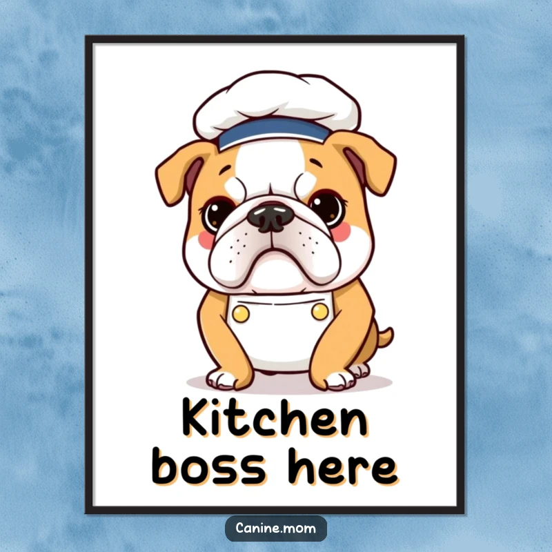 Funny Bulldog Chef Poster: Art shows a determined bulldog wearing a tiny chef hat and apron, ready to cook.