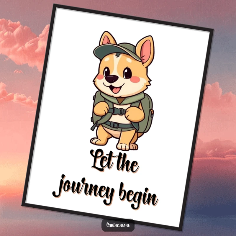 Funny poster art of an enthusiastic dog with a backpack, ready for adventure, inspiring wanderlust, a funny gift.