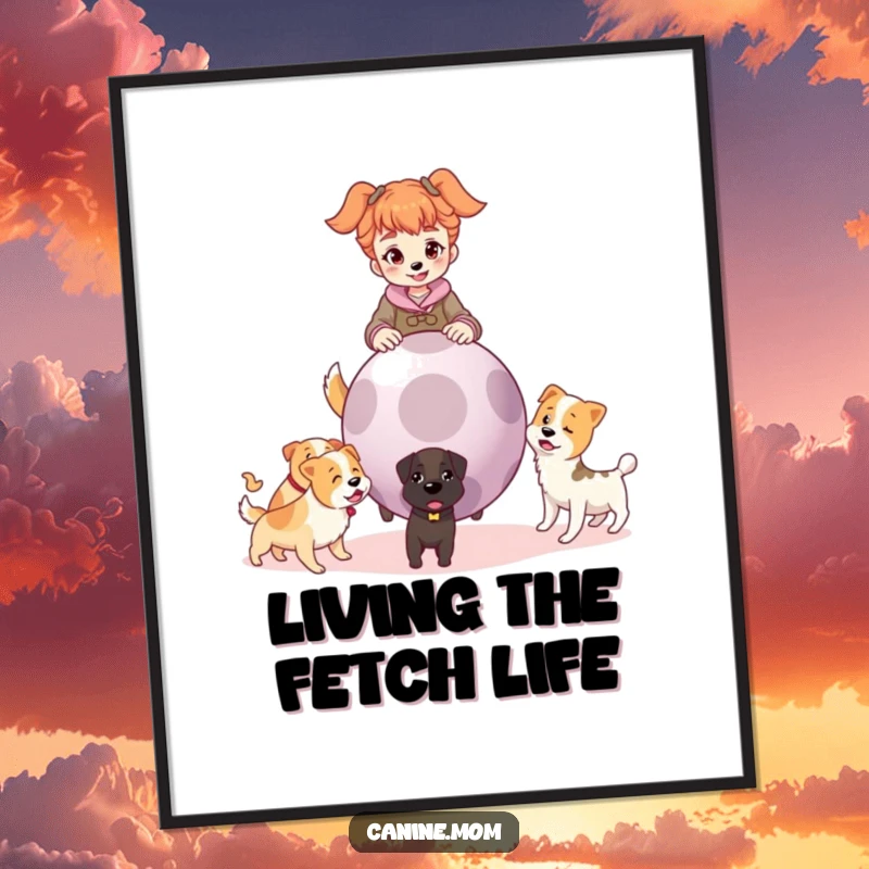 Funny poster of a dog lady aiming a huge ball, with a crowd of happy dogs watching intently, anticipating the next throw.