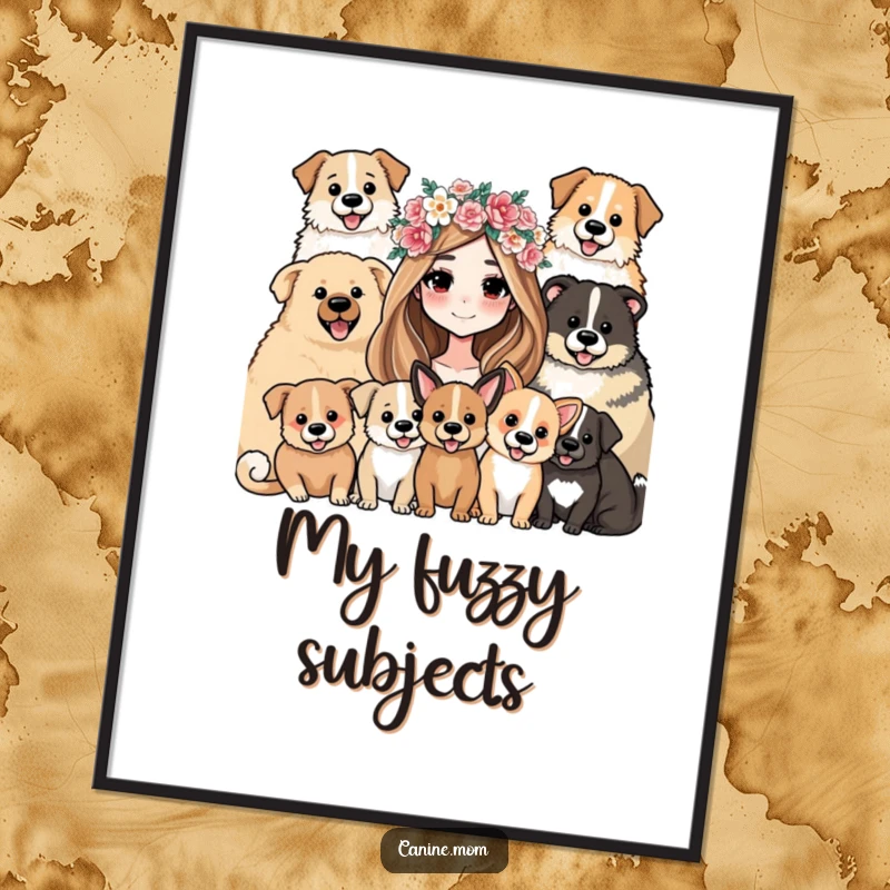 Funny Poster: Artistic depiction of a woman wearing a flower crown, joyfully embraced by a pack of happy dogs.