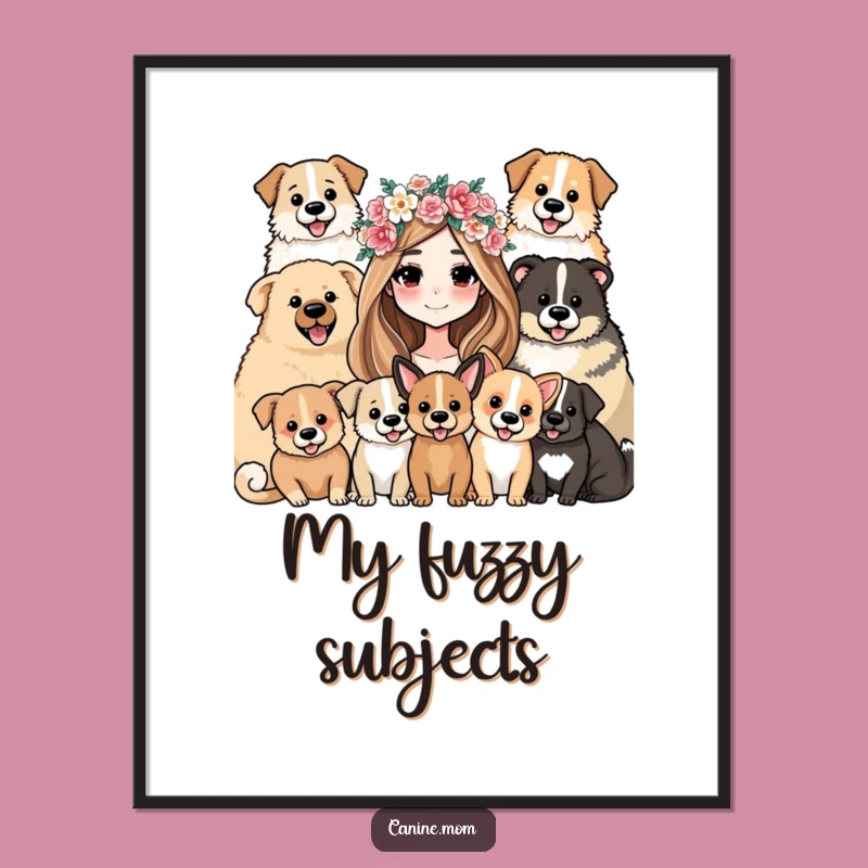 Funny Wall Art Poster: Woman with Flower Crown & Dogs - Home Decor Gift