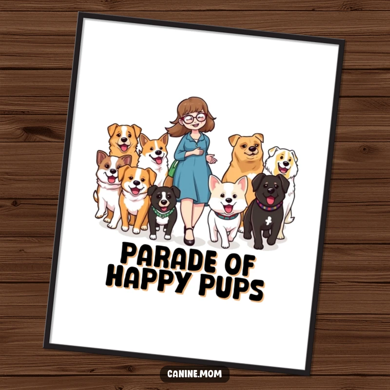 Funny poster of a smiling dog lady leading a lively parade of various happy dogs, creating a heartwarming scene.