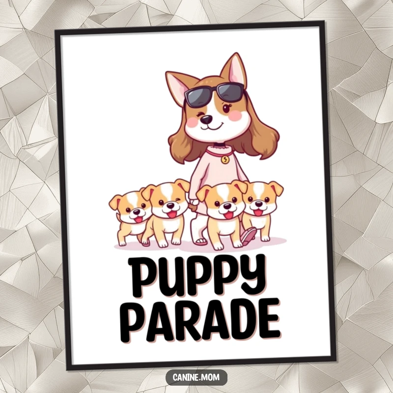 Funny dog lady poster of a proud woman walking a group of precious tiny puppies. Features a humorous and heartwarming illustration perfect for dog fans.