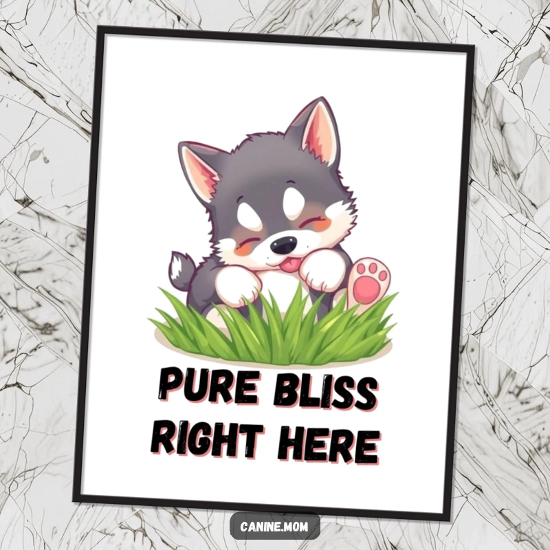 Funny poster print of a husky puppy playfully rolling in soft grass, capturing a moment of pure puppy bliss.