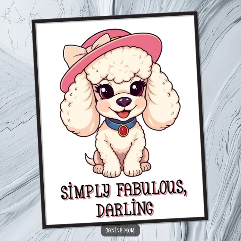 Funny poodle hat poster. A stylish poodle wearing a fancy hat smiles coyly, creating a glamorous and humorous piece of wall art.
