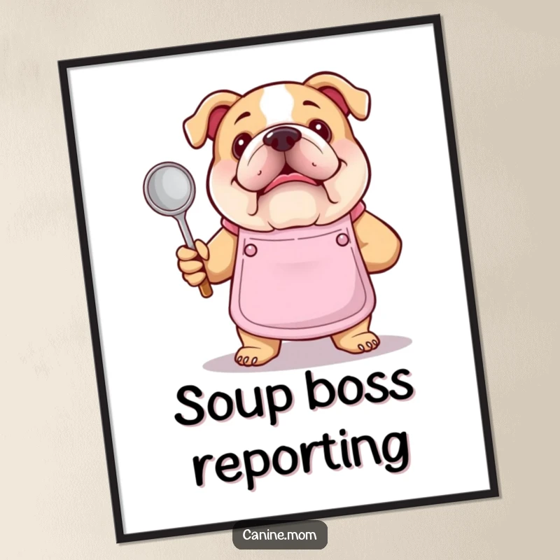 Funny bulldog chef poster. A bulldog wearing an apron holds a soup ladle, showcasing a humorous and artistic representation of a passionate cook.
