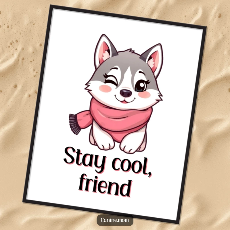 Funny poster with a husky wearing a scarf and giving a playful wink, creating a stylish and humorous visual for any space. Cool wall decor.
