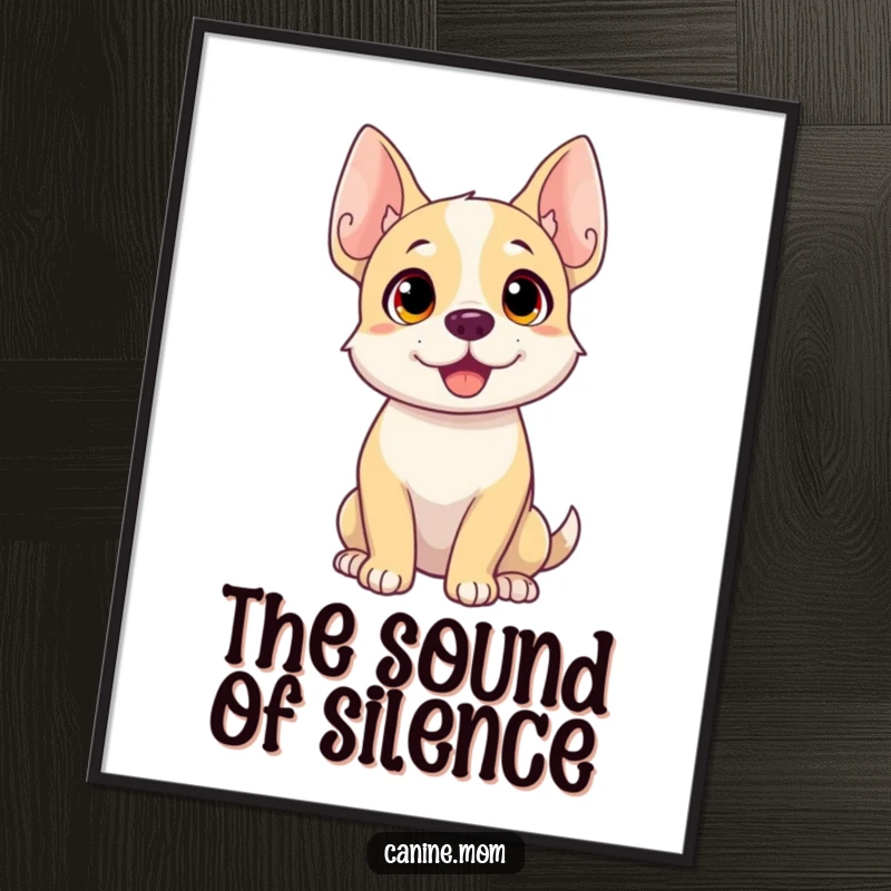 Funny dog poster showing a dog with dramatically perked-up ears, head tilted, conveying intense focus and curiosity.