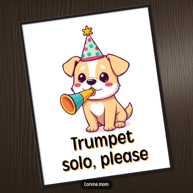 Funny poster art of a dog in a party hat, playing a colorful trumpet with glee, perfect for a festive funny gift.