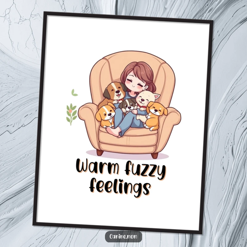 Funny Poster: Cozy scene of a woman in an armchair, lovingly embraced by multiple happy, cuddling dogs.