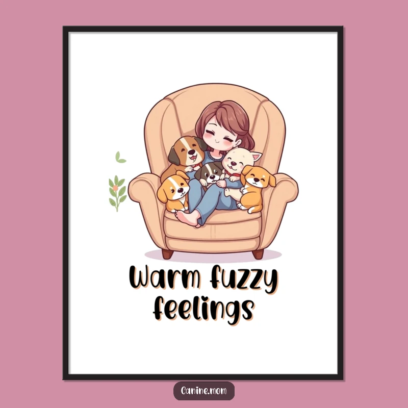 Funny Wall Art Poster: Woman Cuddling Dogs in Armchair - Cozy Decor Gift