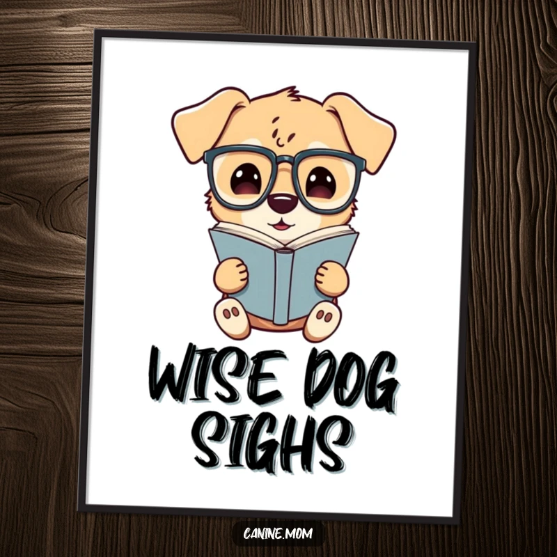 Funny poster of a curious dog with oversized spectacles, deeply engrossed in reading a book, perfect for adding a scholarly vibe.