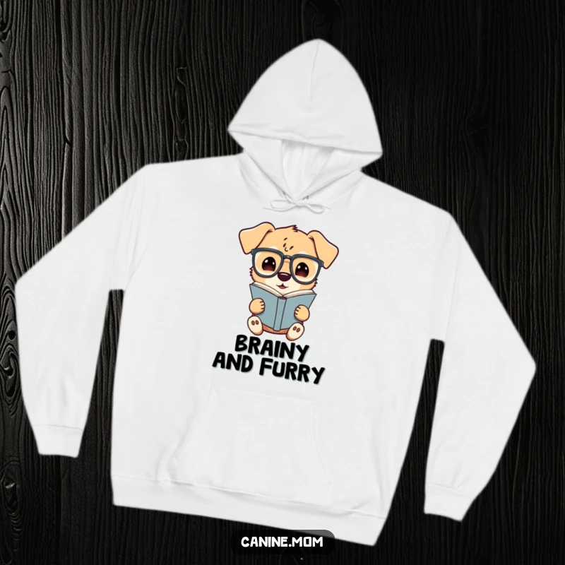 Funny hoodie showcasing a curious dog in big glasses, absorbed in a book, radiating warmth and intellectual charm for cozy moments.