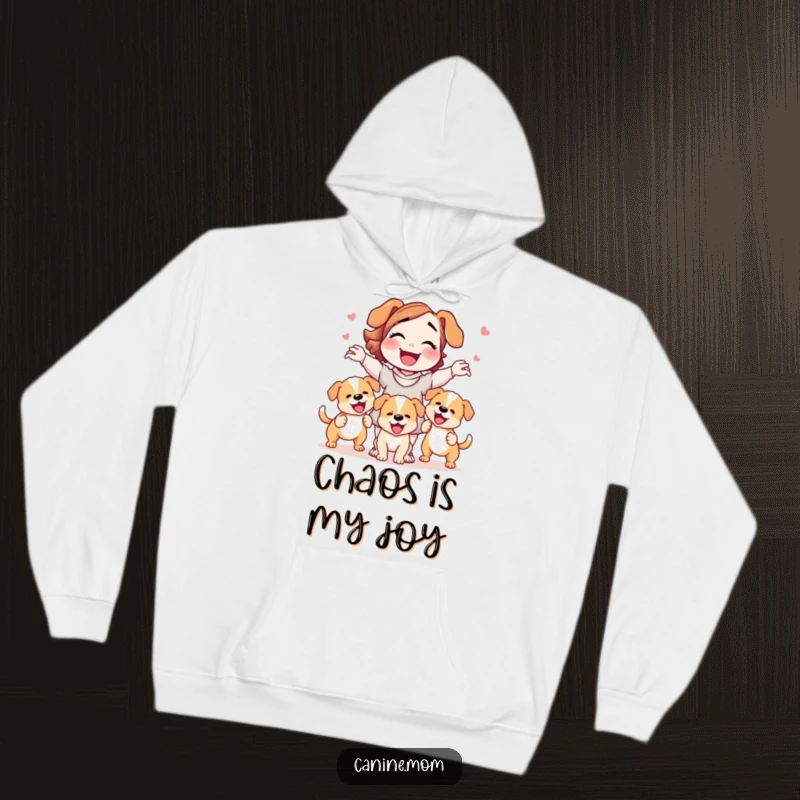 Funny dog lady hoodie gleefully juggling three wagging puppies, offering cozy comfort and a humorous nod to dog lovers.