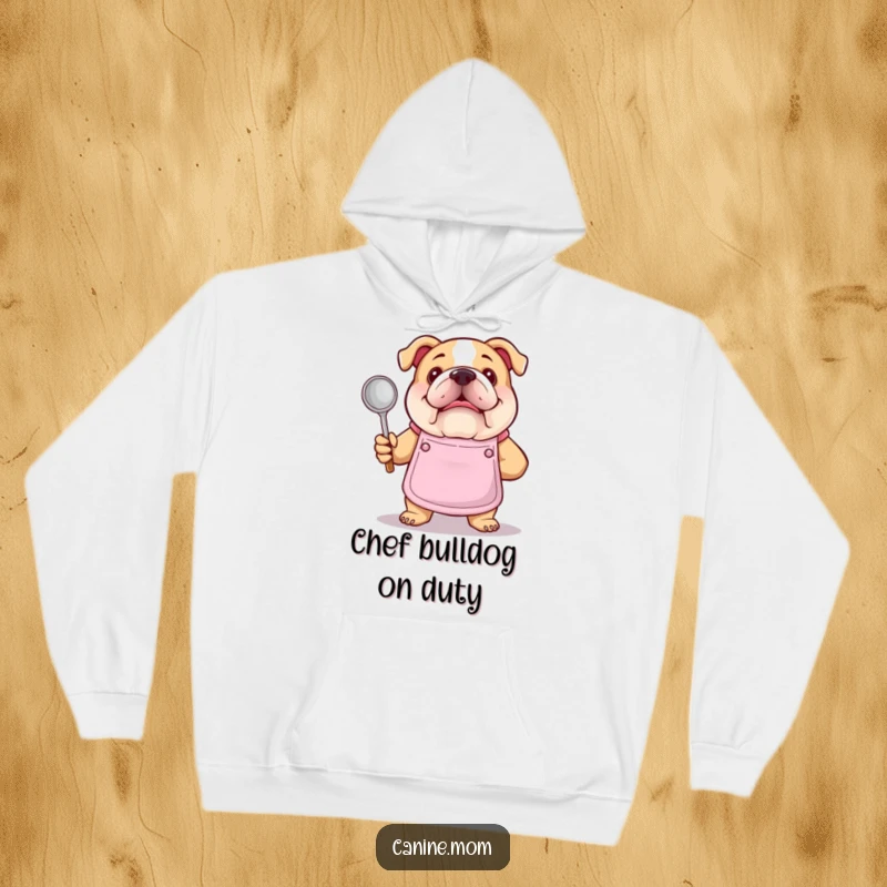 Funny bulldog chef hoodie. A bulldog in an apron holds a soup ladle, offering warmth and humorous kitchen vibes for cozy cooking sessions.