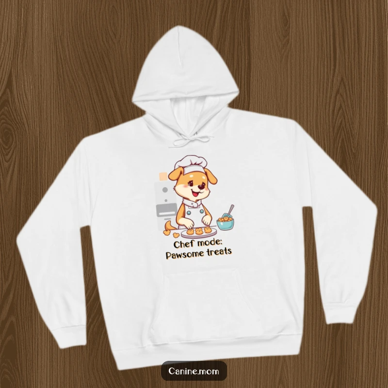 Funny hoodie showing a cheerful dog lady in a chef hat, surrounded by tiny dog-shaped cookies, ready to share her baking passion.