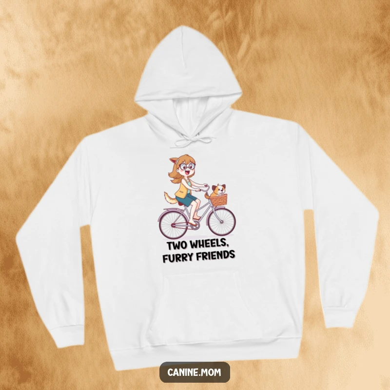 Funny hoodie depicting a joyful dog lady pedaling a bike, with adorable dogs comfortably seated in the basket, enjoying the scenery.