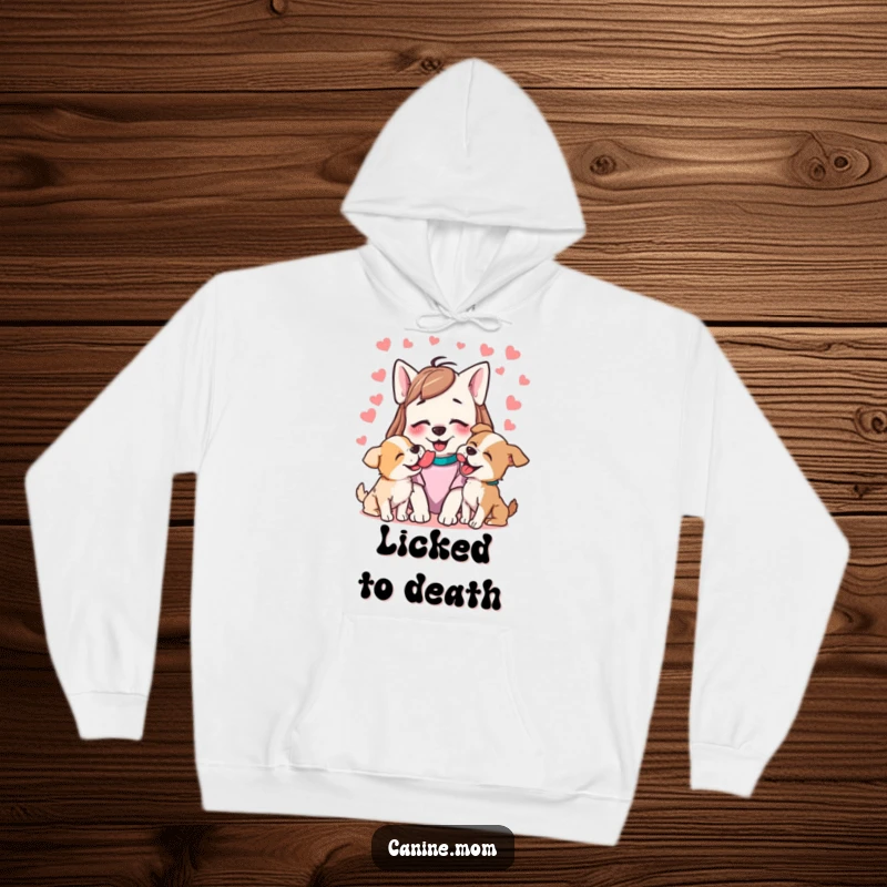 Funny hoodie showing a happy dog lady enduring a delightful onslaught of wet licks from her adoring dogs.