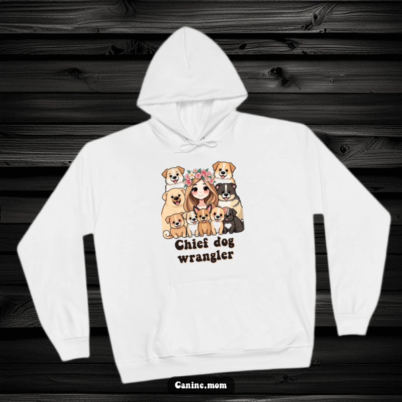 Funny Hoodie: A woman with a flower crown, serenely surrounded by a happy multitude of adoring dogs.