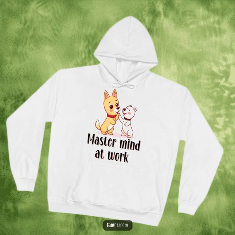 Funny kawaii dog lady character wearing a hoodie, training her dog with patience and a smile, a heartwarming scene.