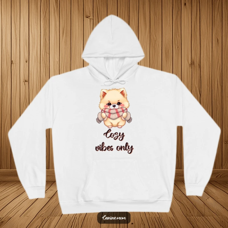 Funny hoodie depicting a fluffy Pomeranian wearing a scarf and mittens, radiating warmth and adorable winter fashion.