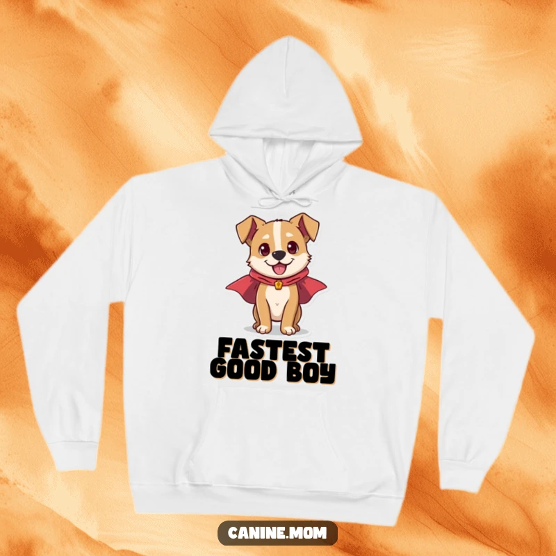 Funny hoodie featuring an energetic dog wearing a tiny superhero cape, radiating power and readiness for any mission, keeping you warm.