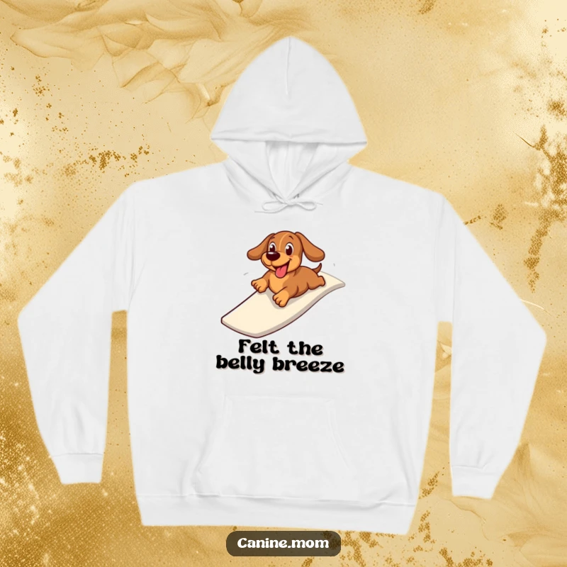 Funny hoodie depicting a cheerful dachshund gleefully zooming down a slide on its belly, embodying pure joy and adventurous spirit.