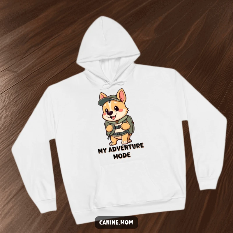 Funny hoodie showcasing an enthusiastic dog with a backpack, ready for adventure, cozy and fun, a funny gift.