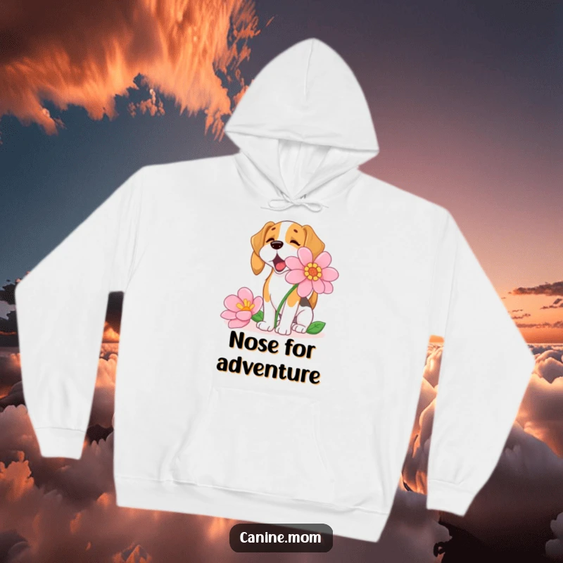 Funny Beagle Hoodie, excitedly exploring the scent of a giant flower, offering warmth and a touch of playful nature exploration.