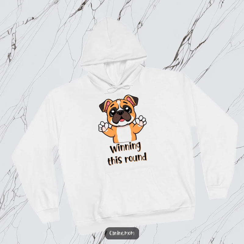 Funny hoodie featuring an excited boxer dog raising tiny paws in a cheer, offering cozy comfort and energetic humor. Perfect for game days.