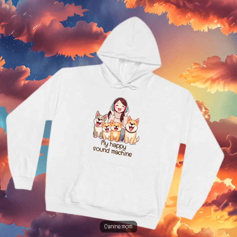Funny hoodie showing a woman with earmuffs, embracing the joyous barks of dogs, blending comfort with canine comedy.