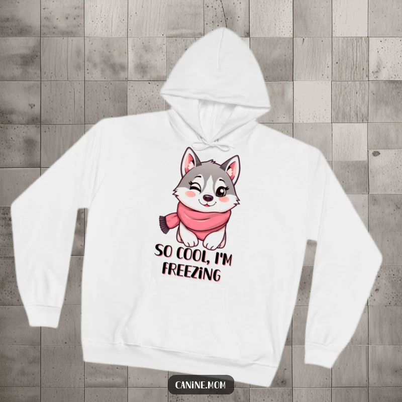 Funny hoodie featuring a stylish husky in a scarf giving a playful wink, offering cozy comfort and canine humor. Perfect for chilly days.