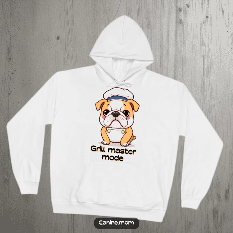 Funny Bulldog Chef Hoodie: A determined bulldog in a chef outfit, radiating culinary passion and humorous grit.