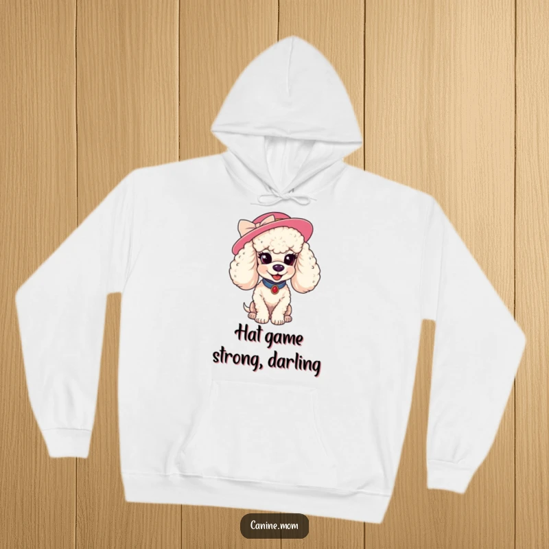 Funny poodle hat hoodie. A stylish poodle in a fancy hat smiles coyly, providing cozy fashion vibes and a touch of sophisticated humor.