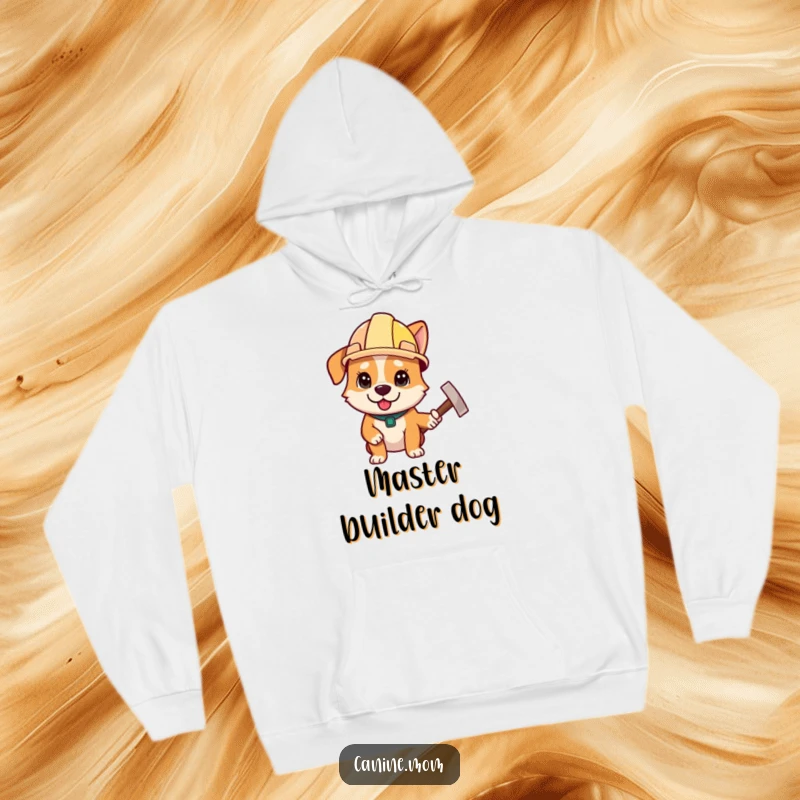 Funny hoodie showcasing a determined dog with a construction helmet and hammer, perfect for cozy DIY, a funny gift.