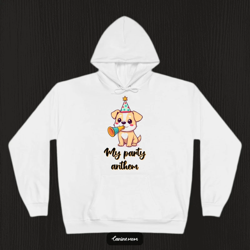 Funny hoodie featuring a dog in a party hat, blowing a trumpet, perfect for cozy and festive funny gift occasions.