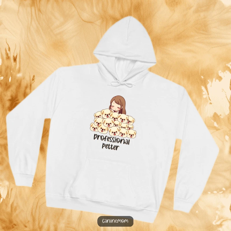 Funny hoodie featuring a woman petting an endless stream of fluffy dog heads, ultimate cozy comfort and humor.
