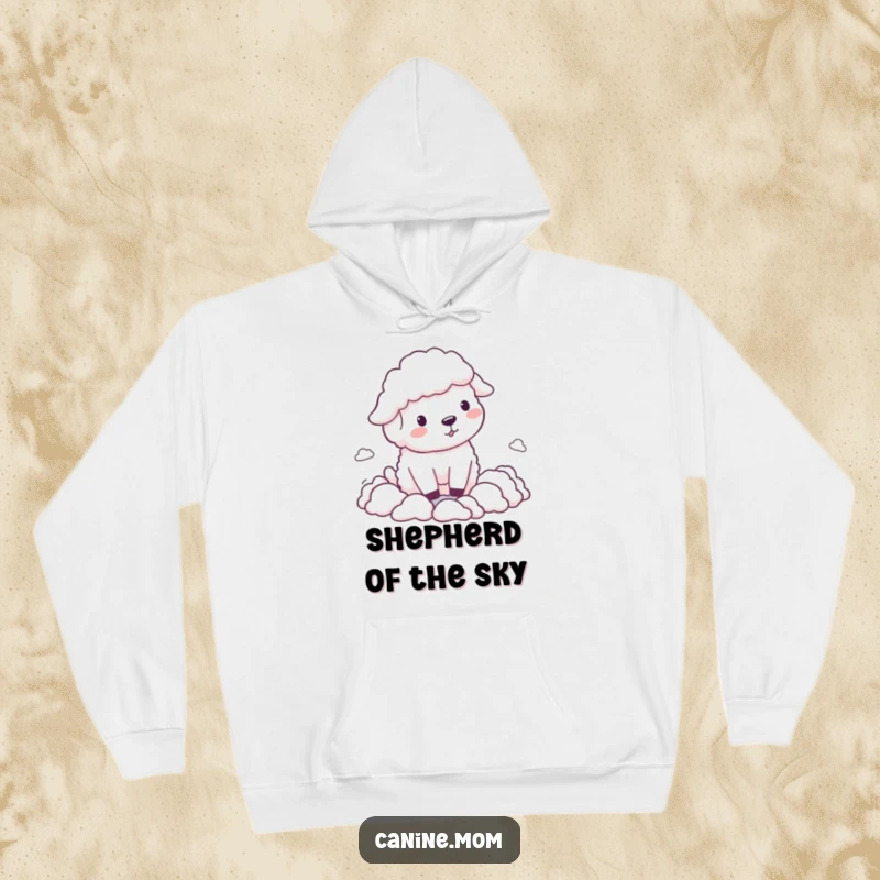 Funny Sheepdog Hoodie, playfully guiding small, fluffy clouds with a happy demeanor, ideal for a cozy and humorous look.