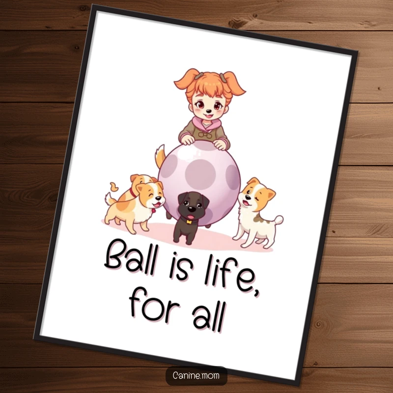 Funny Free Printable Wall Art: Dog lady playing fetch with a giant ball and many dogs, humorous downloadable art.