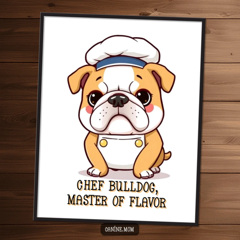 Funny Free Printable Bulldog Chef Wall Art: Determined bulldog in a tiny chef hat and apron, ready to cook.