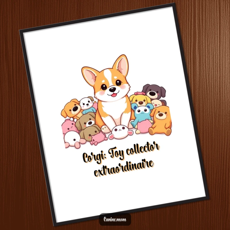Funny Free Printable Wall Art of a cute corgi sitting happily amongst a vibrant pile of colorful dog toys, radiating fun.