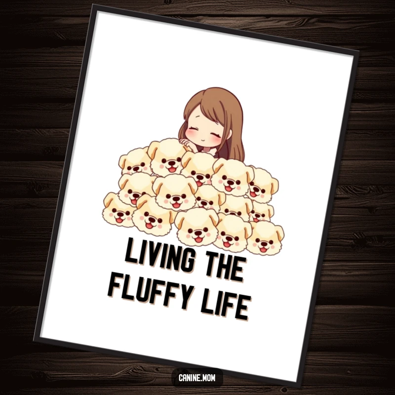 Free Printable Wall Art: Woman petting a cascade of fluffy dog heads, adorable dog decor, downloadable art.