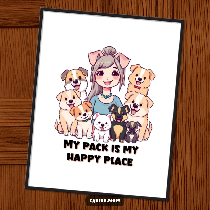 Funny Free Printable Wall Art of a happy dog lady joyfully surrounded by dogs of all shapes and sizes.